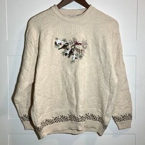 Le Moda Womens L‎ Pullover Sweater Cream Embroidered Bird Nature Cottage Granny